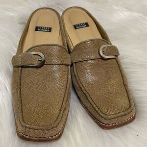 Stuart Weitzman Tan Metallic Leather Loafer Mules